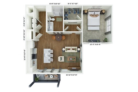 a stylized floor plan with a bedroom and a living room